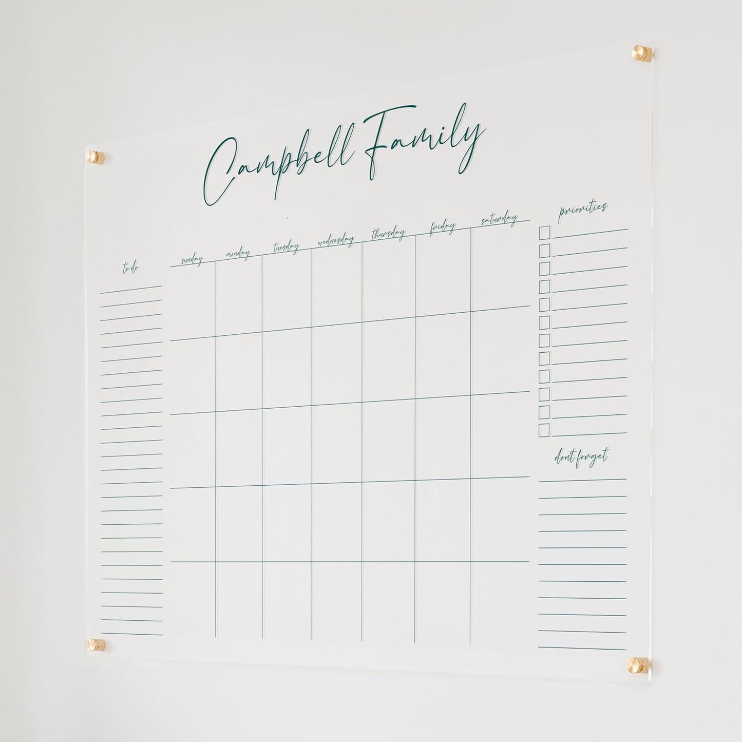 Personalized Clear Acrylic Calendar for Wall, Calendar Whiteboard for Wall, Dry Erase Wall Calendar, Wall Calendar Organizer System for Home (Cursive, Jade, 47.5"W x 36"H)