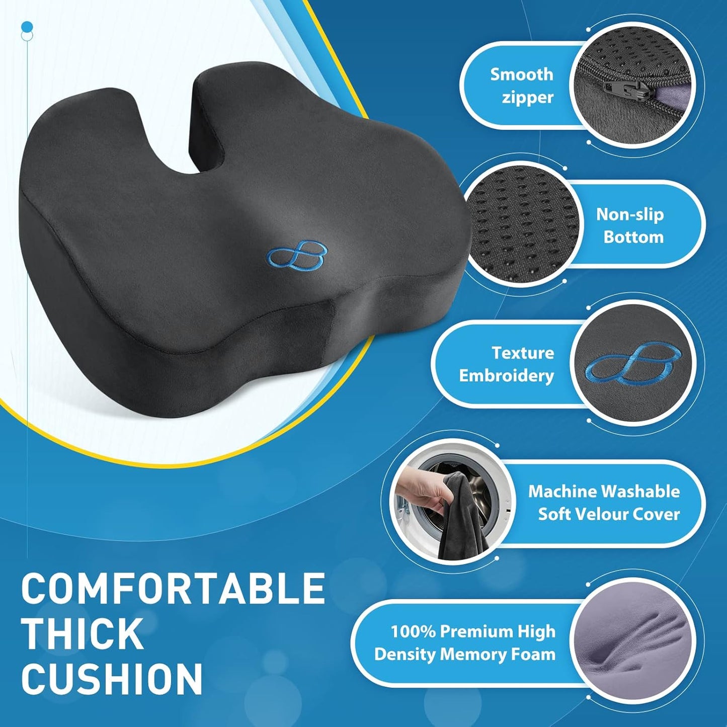 BlissTrends Seat Cushion,5.2in Thick Memory Foam Cushions for Office Chair, Car Seat, Airplane, Relieving Pressure Tailbone Sciatica Back Pain for Long Sitting Office Workers, Car Drivers Grey
