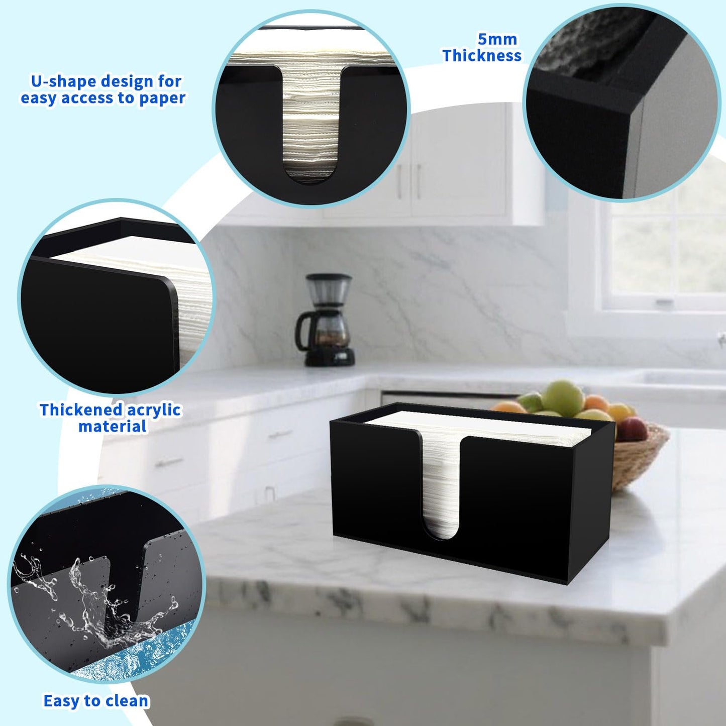 Paper Towel Holder for Countertop,Black Acrylic Napkin Dispenser-Multifold/C-Fold/Z-Fold Trifold Paper Towel Dispenser for Bathroom Kitchen Restaurant Toilet - Durable 5mm Thick (1)