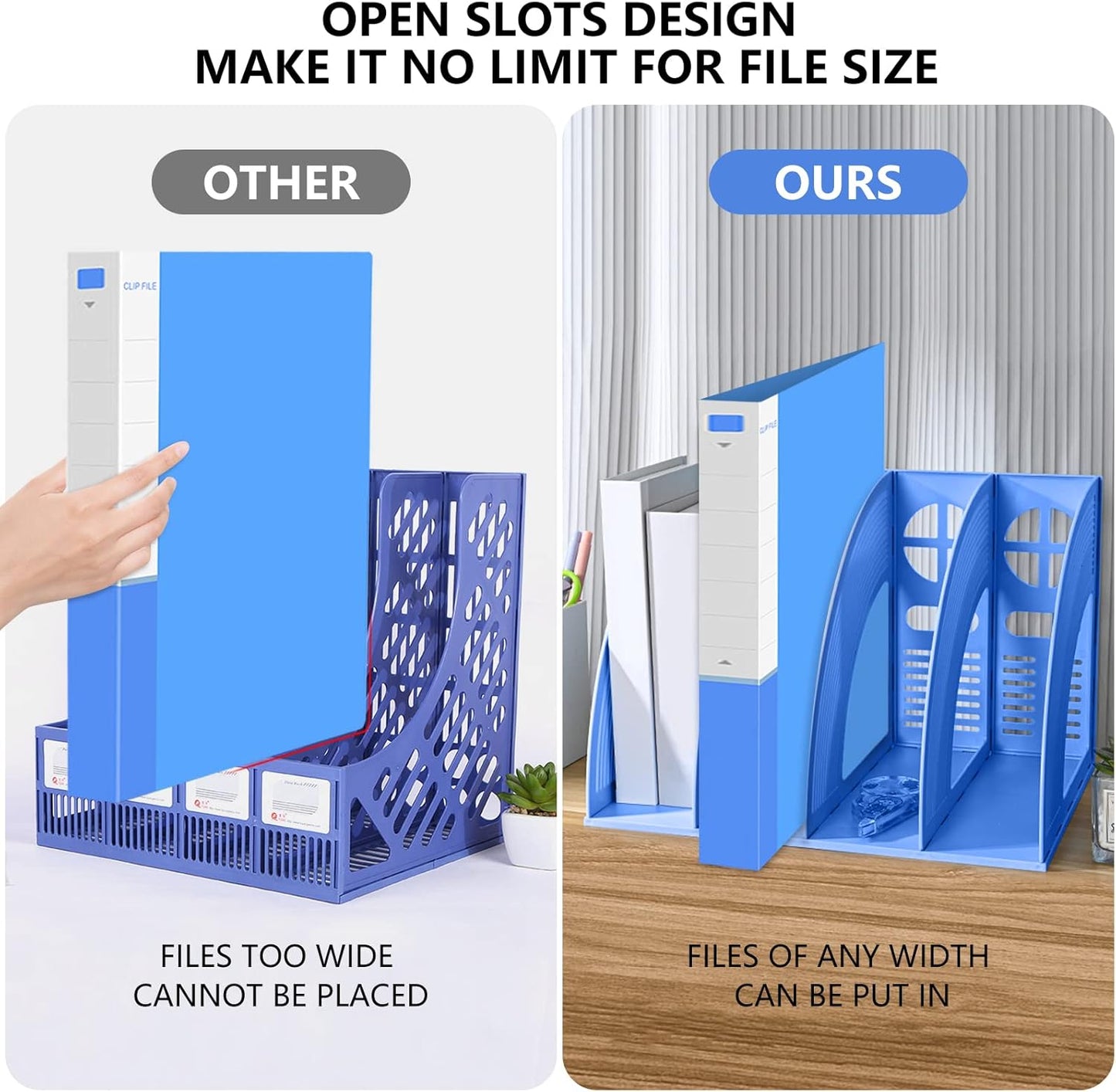 SAYEEC File Holder Storage Folder 4 Compartment Standing Desktop Hollow Organizer Blue Files Shelf Frame Thicken Plastic Paper Notebook Magazine Bookstore for Office School Supplier Students