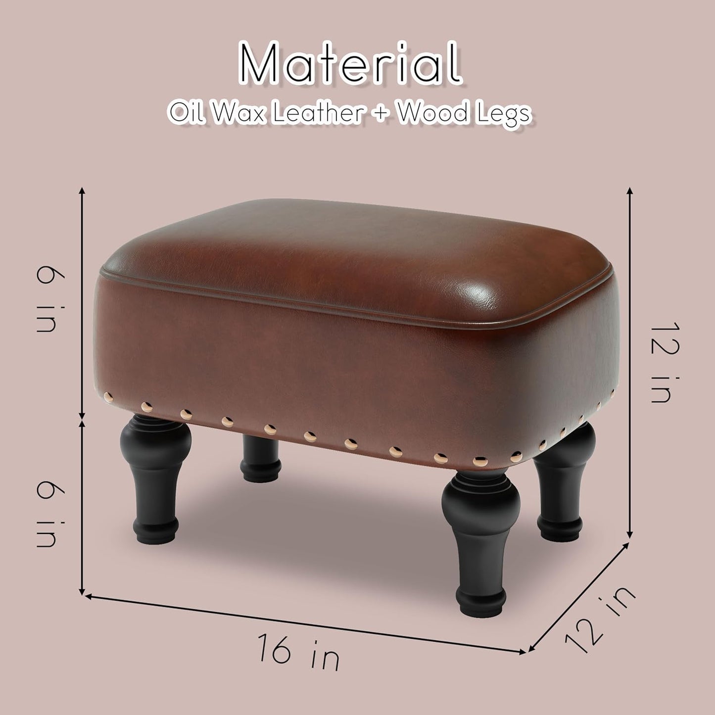 Ottoman Leather Foot Rest with Thicker Foam Padded Seat, Footstool with Wooden Legs (Brown)