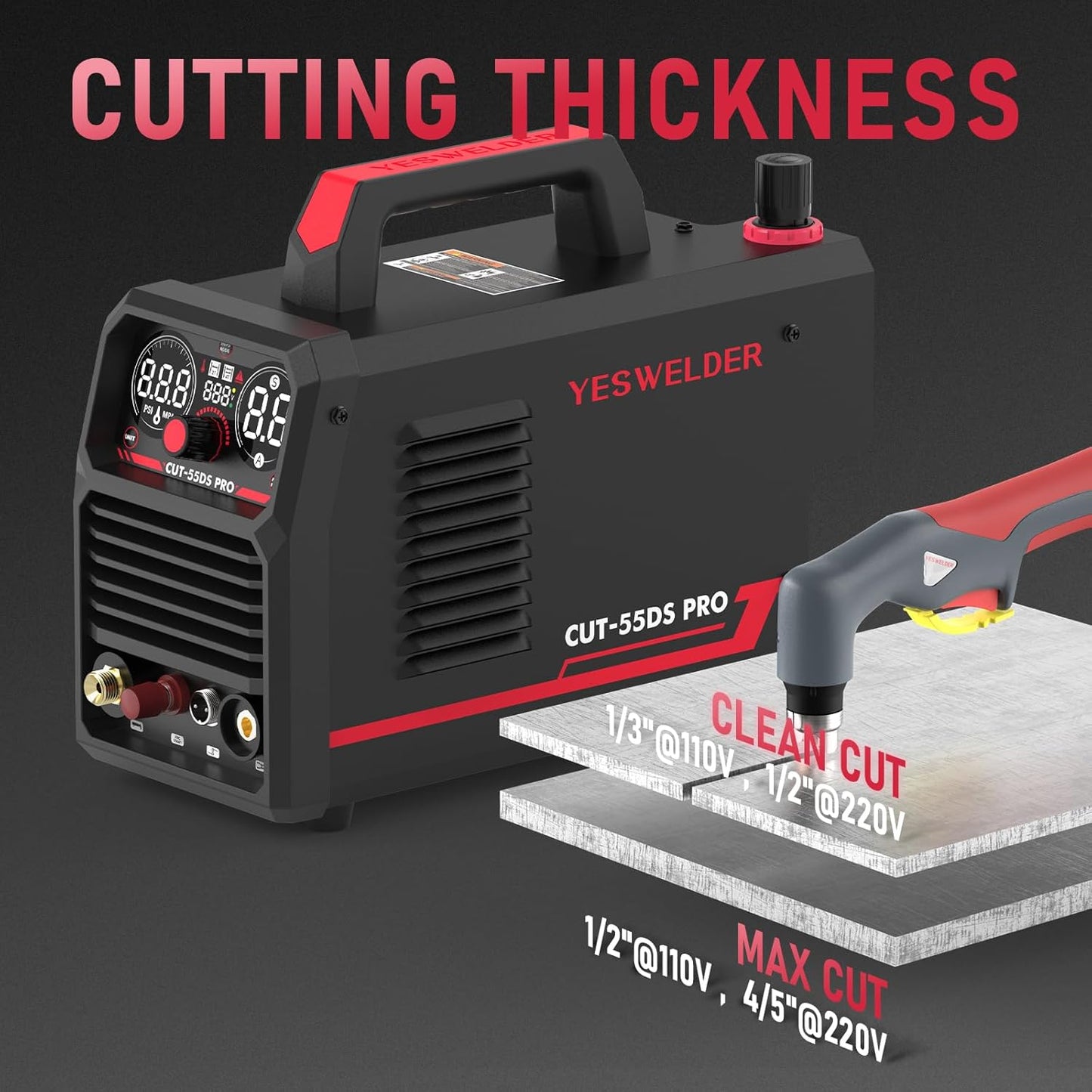 YESWELDER 55 Amp Plasma Cutter Non-High Frequency, Large LED Digital Display Non-Touch Pilot Arc, Digital DC Inverter 110/220V Dual Voltage Plasma Cutting Machine CUT-55DS PRO NEW