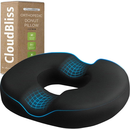 CloudBliss Donut Pillow Seat Cushion for Tailbone Pain Relief and Hemorrhoids, Memory Foam Chair Cushion, Seat Cushions for Men and Women for Home & Office, (Black-XL)