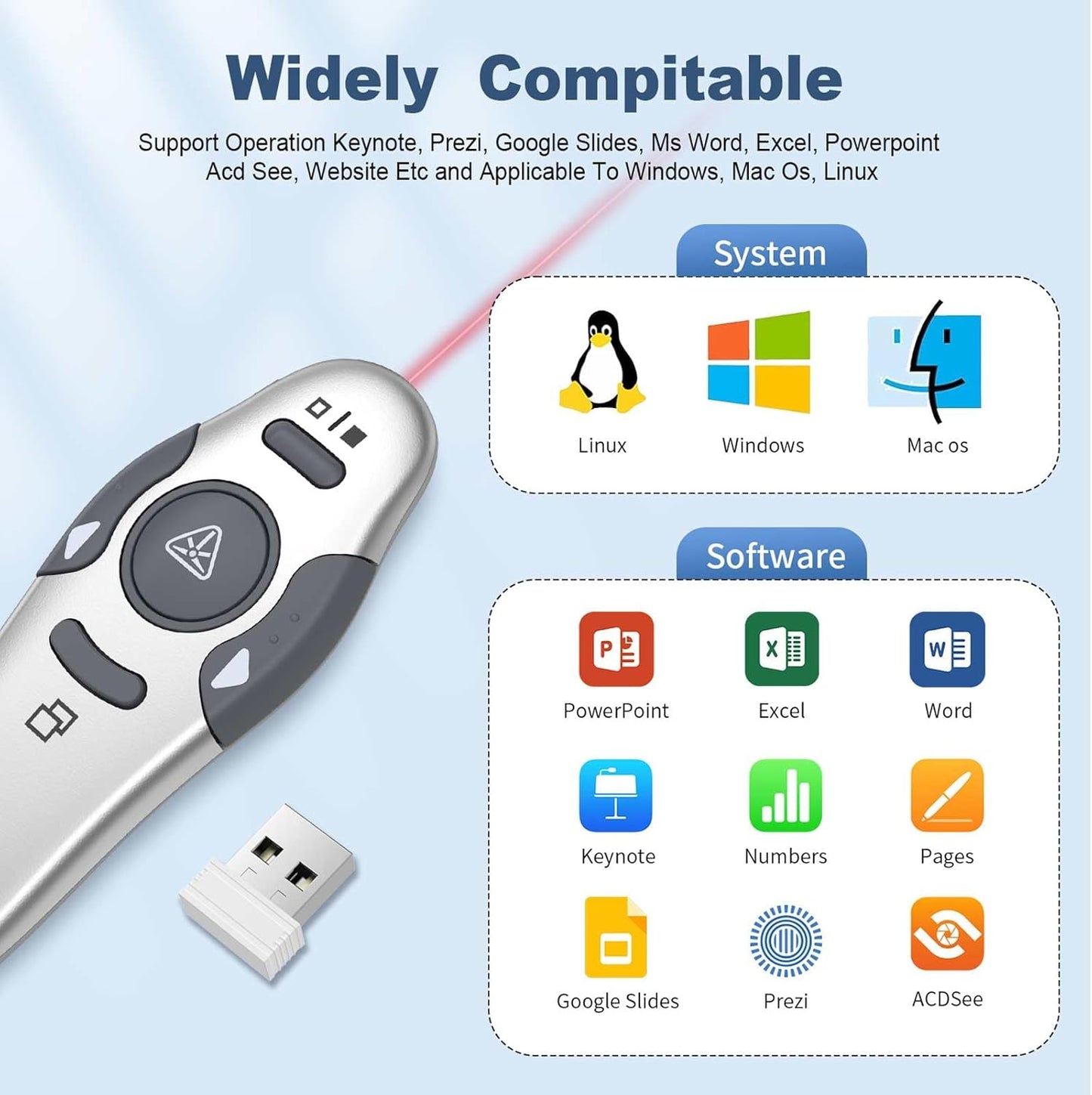 QUI Presentation Clicker Wireless Presenter Remote Clicker for PowerPoint Presentation Remote, PowerPoint Slide Advancer for Mac/Windows/Linux, Google Slide/PPT/Keynote, USB, Silver