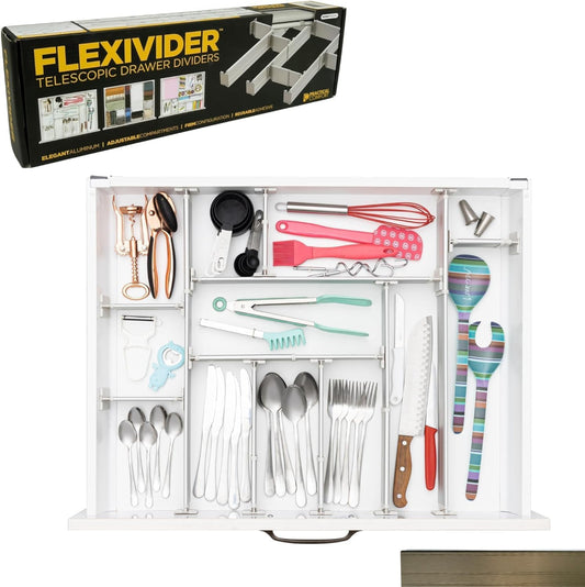 Practical Comfort FLEXIVIDER Aluminum Drawer Organizer - 9 Telescopic Dividers Set - Champagne