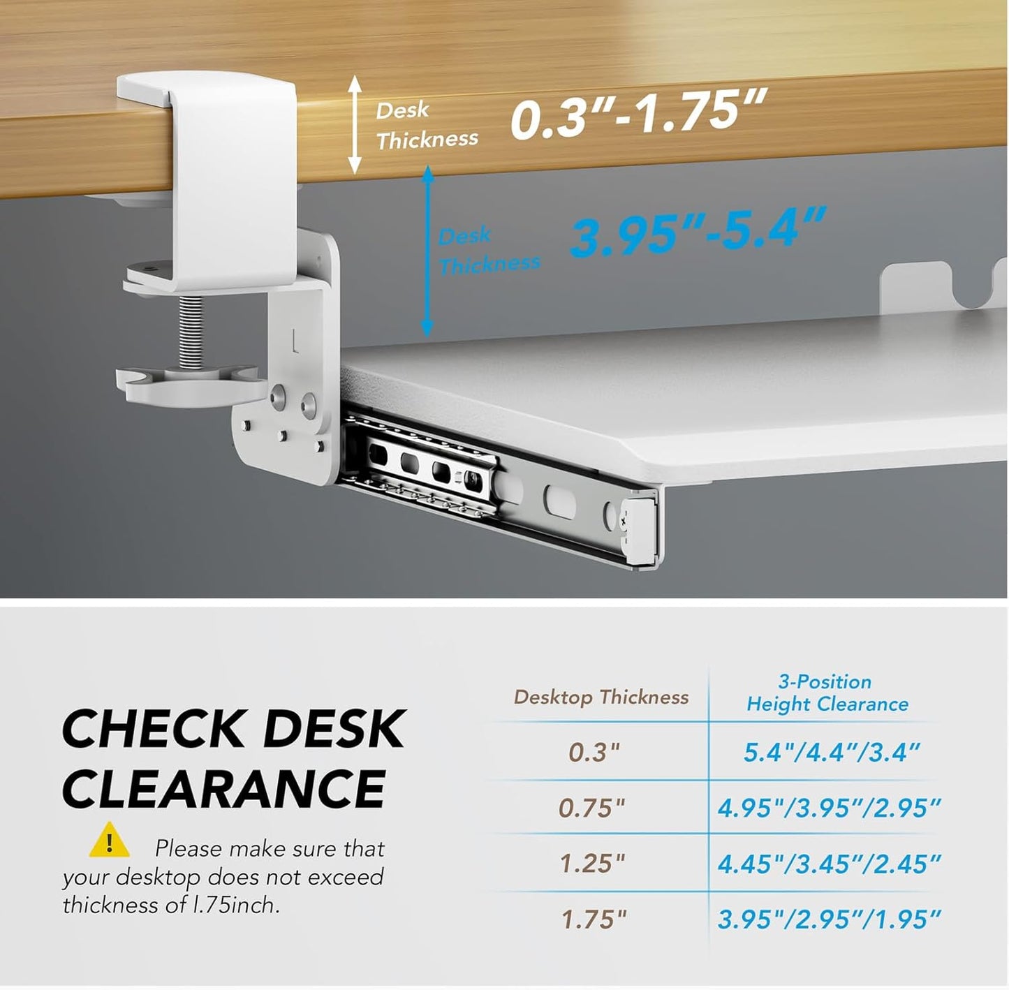 Keyboard Tray Under Desk Pull Out with Extra Sturdy C Clamp Mount System, 27.3 (32.5 inch Including Clamps) x 11 Inch Slide-Out Platform Computer Drawer for Typing White AX01WW01