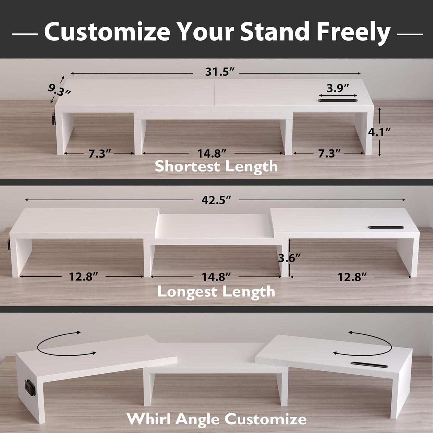 BONTEC Dual Monitor Stand Riser with Smartphone Holder, Adjustable Length & Swivel Angle, Ergonomic Wooden Desktop Organizer for PC Monitor, Laptop, Printer, Large Storage, White