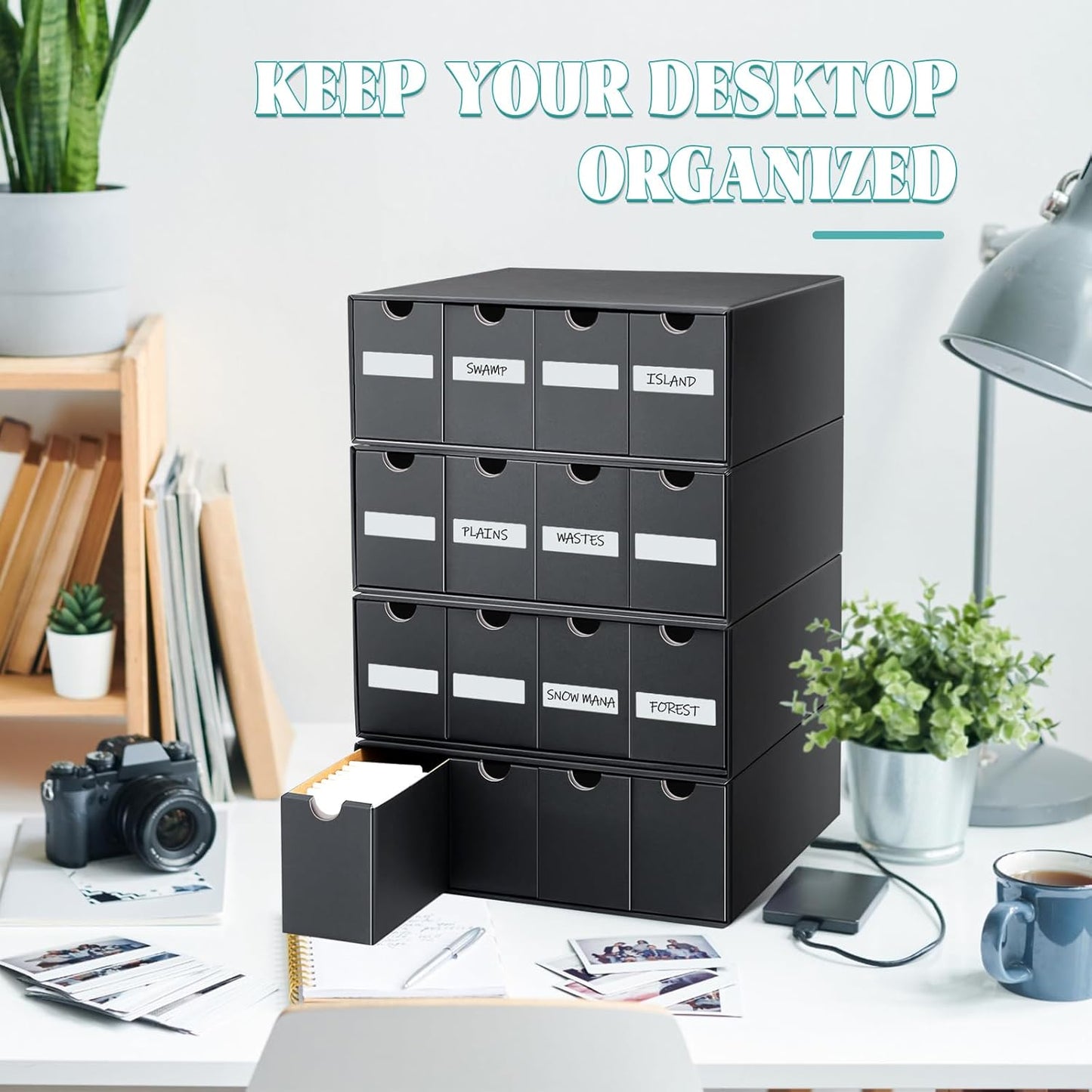 Cholemy Trading Card Storage Box 15000+ with 70 Cardboard Storage Divider, Label Sticker for Collection Compatible with TCG, Sport Cards(4 Row, 4 in A Row,Black)