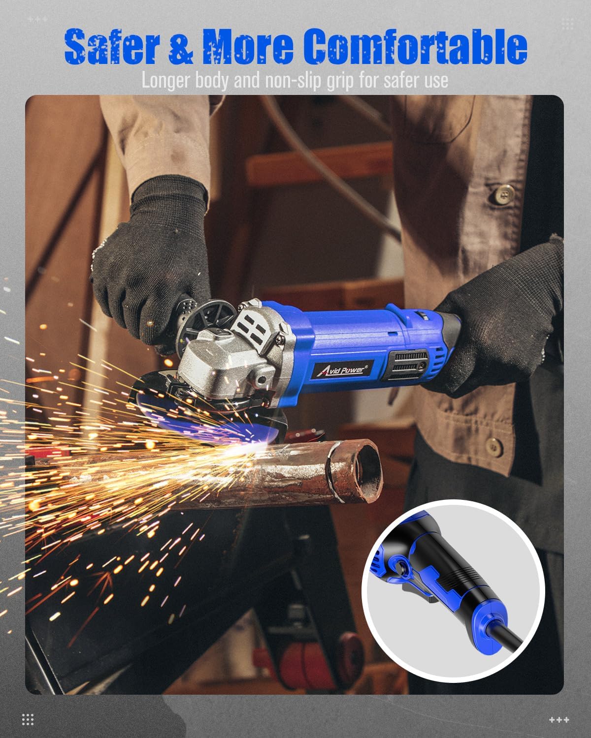 AVID POWER Angle Grinder 4-1/2 Inch 8.0 Amp 1000W Electric Grinder Tool 7-Variable-Speed Metal Grinder, 11,500 RPM, Paddle Switch with Lock-on Button, Cutting & Grinding Wheels and Side Handle - Blue