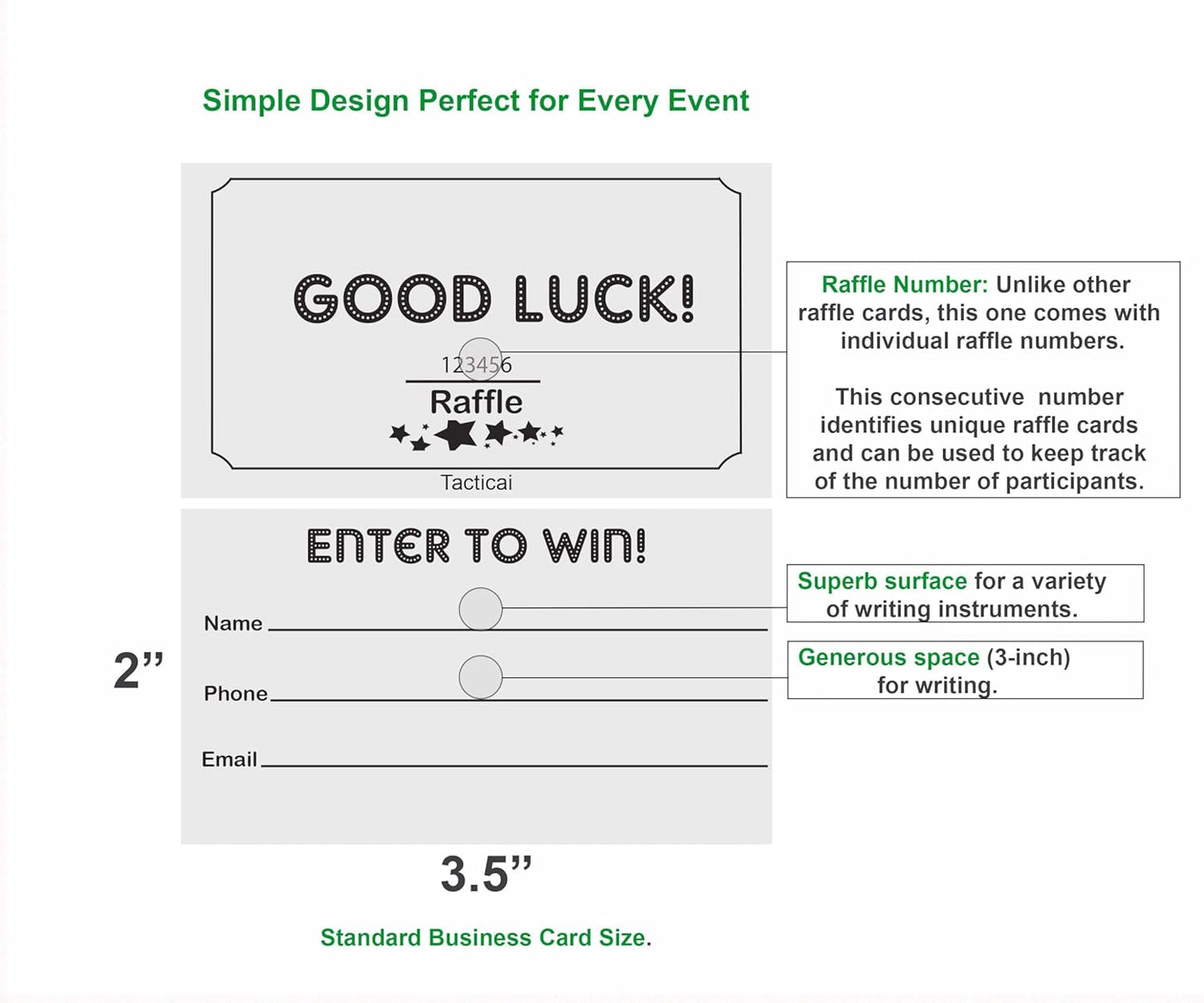 Tacticai 250 Raffle Tickets, White (1 of 8 Colors), Raffle Cards, Entry Form with Name, Phone & Email for Events, Fundraiser & Prizes
