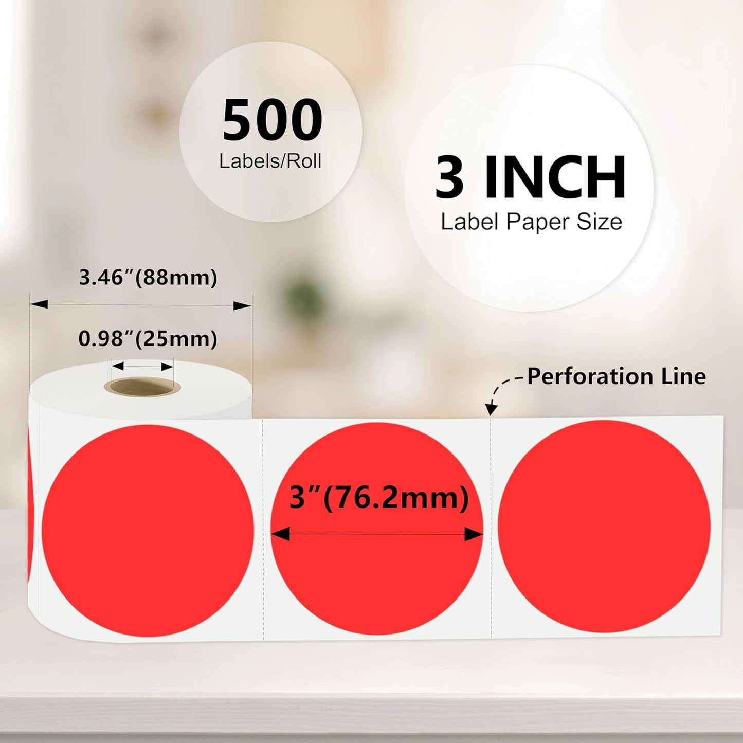 3 X 3 Inch Color Coding Dot Labels Circle Thermal Printable Waterproof 2000 Pcs Round Stickers Adhesive Writable for Office, Home, Garage, DIY Sticker, Barcodes, Name Tag, Fluorescent Red