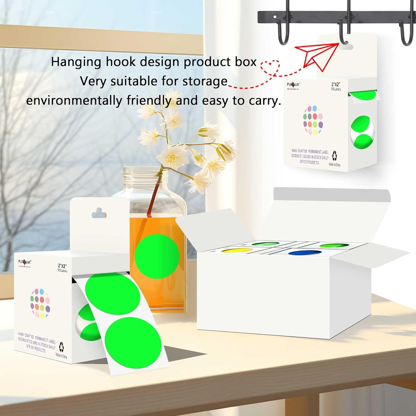 PARLAIM 2 inch Round Color-Code Dot Sticker Labels, 4 Rolls 2000 Adhesive Label Pack in Dispenser Box, Fluorescent Green