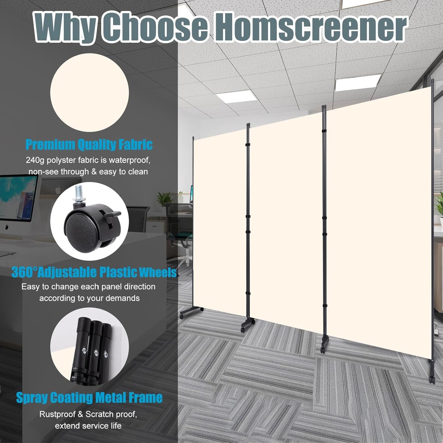 Room Divider Folding Privacy Screens with Wheels, 6FT Tall Divider for Room Separation, 3 Panel Movable Room Partitons and Dividers, Indoor Room Dividers Panel with Non-See Through Fabric for Office