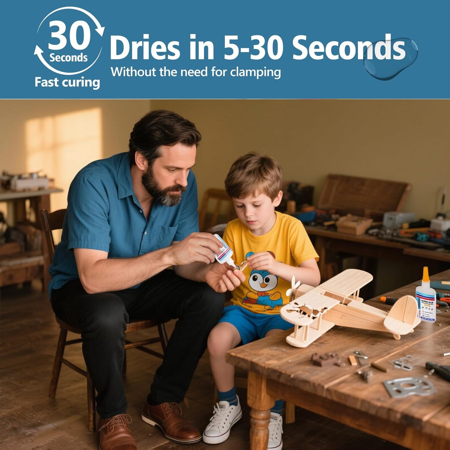 Super Glue for Woodwork with Anti Clog Cap. 6 x 1 fl oz,CA Glue - Clear Adhesive Cyanoacrylate Glue for Furniture, Garden, Crafts, DIY, Metal to Wood, Quick Dry