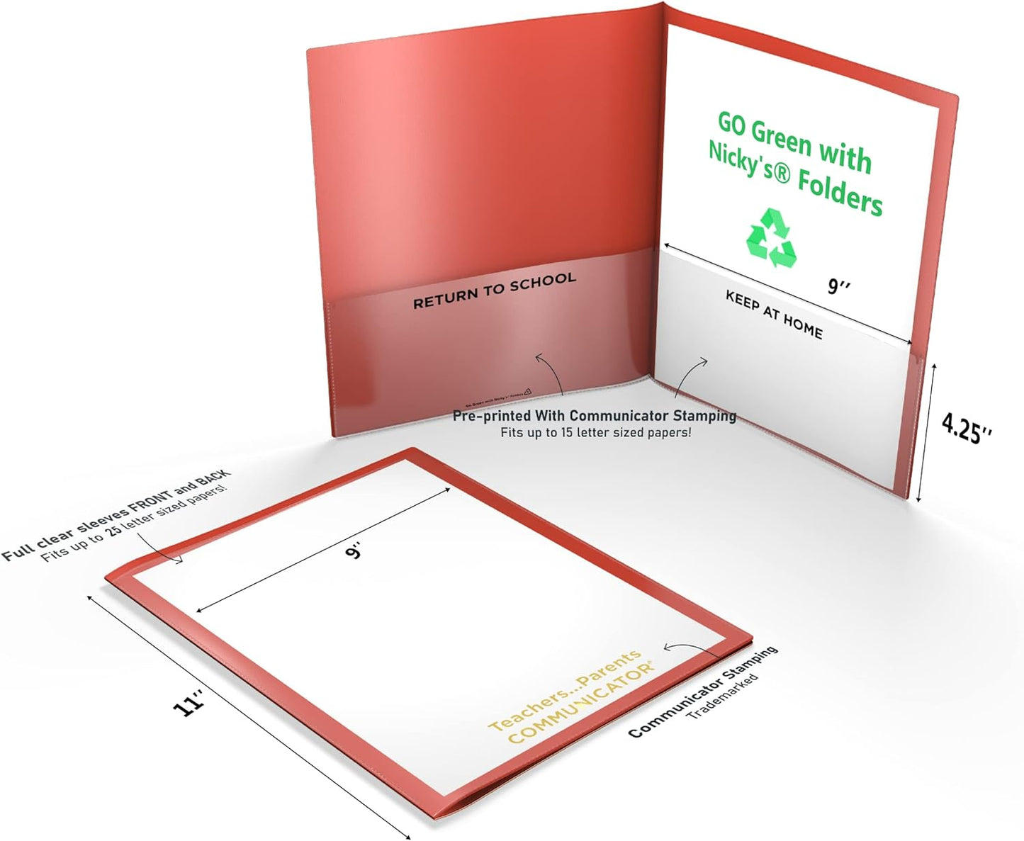 Nicky's Folder® English Communicator, Parent-Teacher Folder, Patented Tear-Resistant, Flexible Plastic, 2 Inside Pockets, 2 Exterior Sleeves, Letter Size Paper, Single Color (24 Pack) (Green)