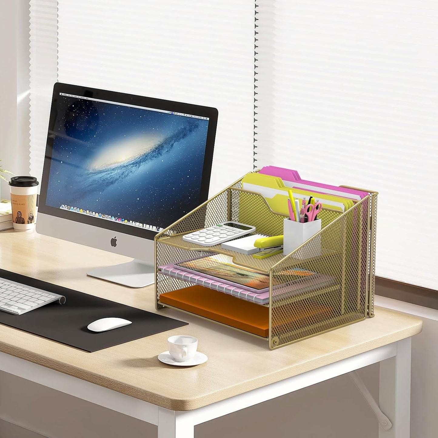 Samstar Gold Desk File Organizer, Mesh Letter File Folder Holder with 3 Paper Trays and 2 Vertical Upright Section, Gold
