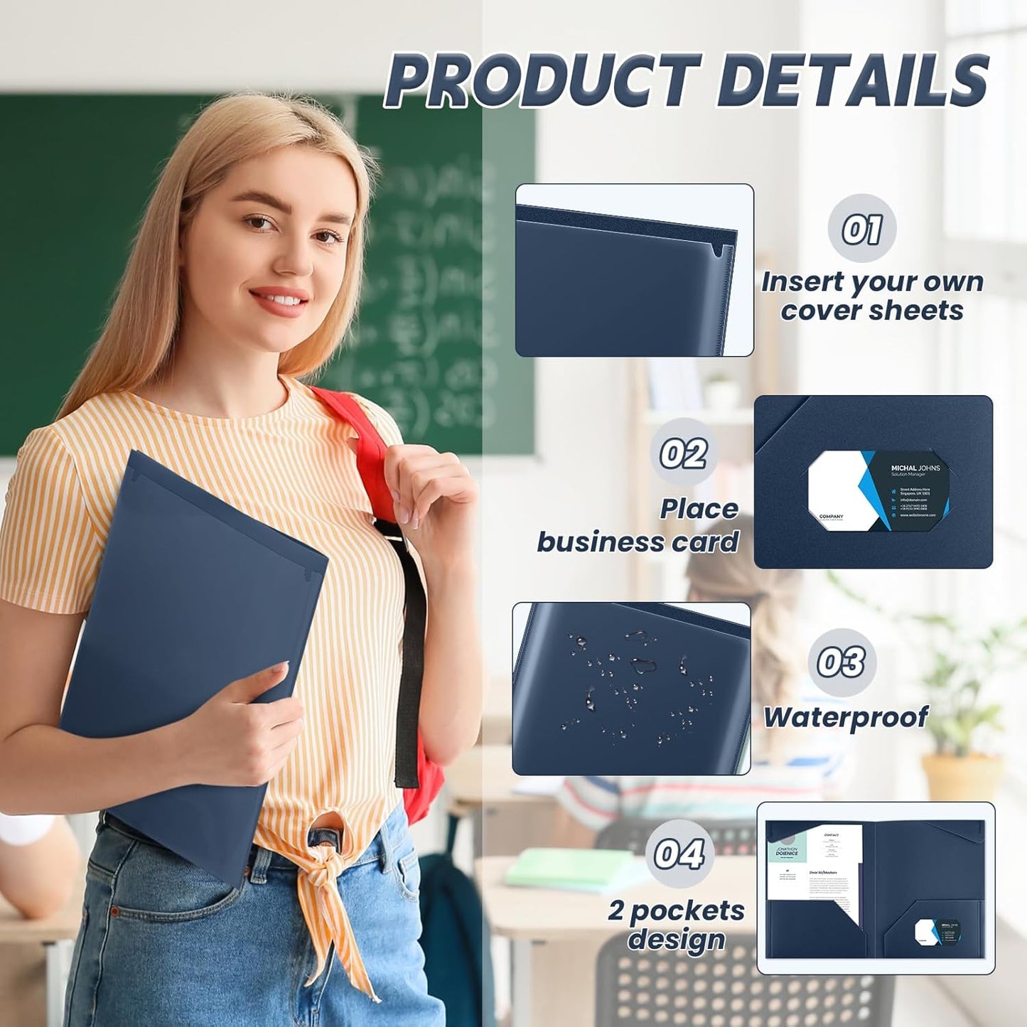 Henoyso 36 Pcs Plastic Folders with Clear Front Pockets Heavy Duty File Folders with 2 Pockets and Card Slot for Student Communication School Office Presentation Report (Navy Blue)