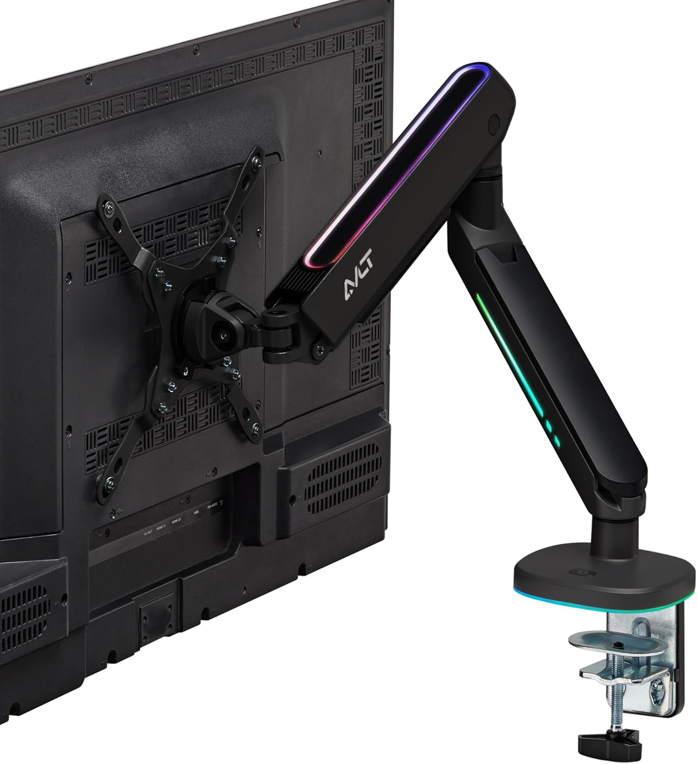 AVLT Single 27”-45” RGB Gaming Monitor Arm Desk Mount Built-in 20 Lighting Modes Touch Button Control Fits Flat/Curved/Ultrawide Screen Height Swivel Tilt Rotation Adjustable Stand -Black
