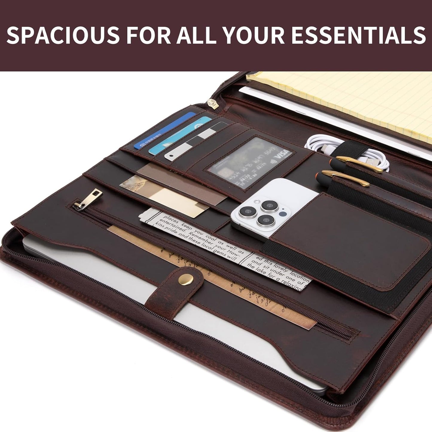 Personalized Genuine Leather Portfolio for Women and Men, Custom Engraved 8.5 x 11 Legal Padfolio, Zippered Notebook Laptop Organizer, Business Executive Folio for Work, Dark Brown, Oil Tanned