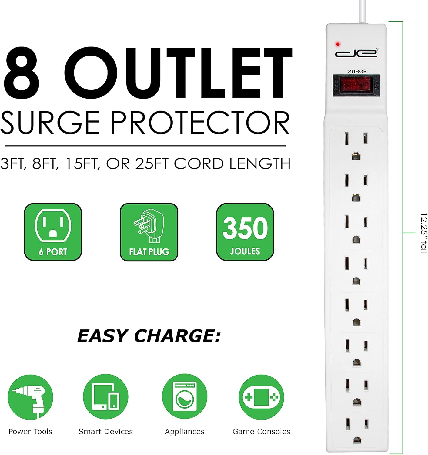 Digital Energy 15 FT 8 Outlet Surge Protector Power Strip - 15 AMP, 1875 W, 125 V, 350 J Surge Protection, ETL Listed - Flat Plug, White