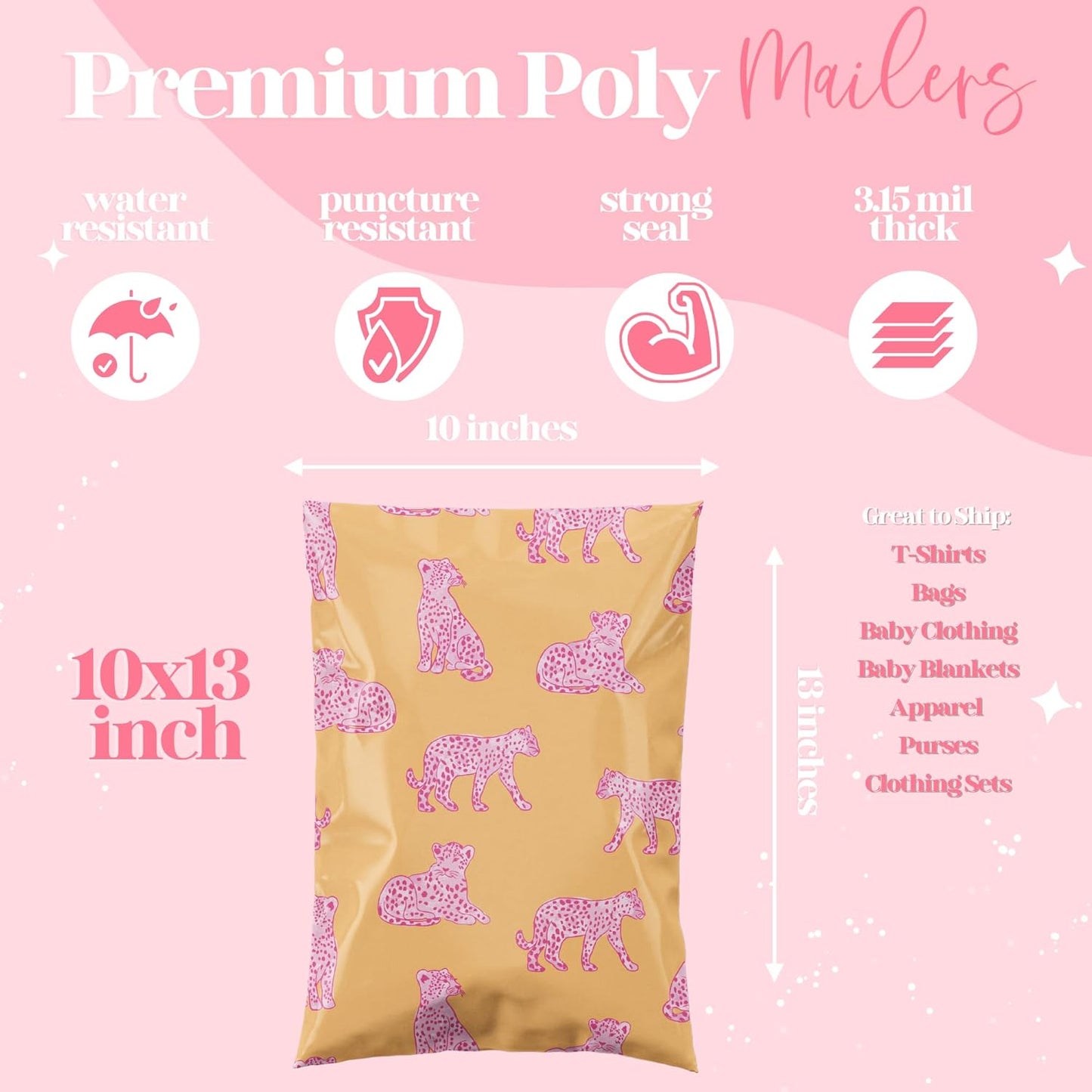 10x13 Designer Poly Mailer 100 Pack Heavy Duty Waterproof Self Seal Shipping Bags for Small Business Large Mailing Envelopes Bulk Tear Resistant Packaging Pink Orange Leopard