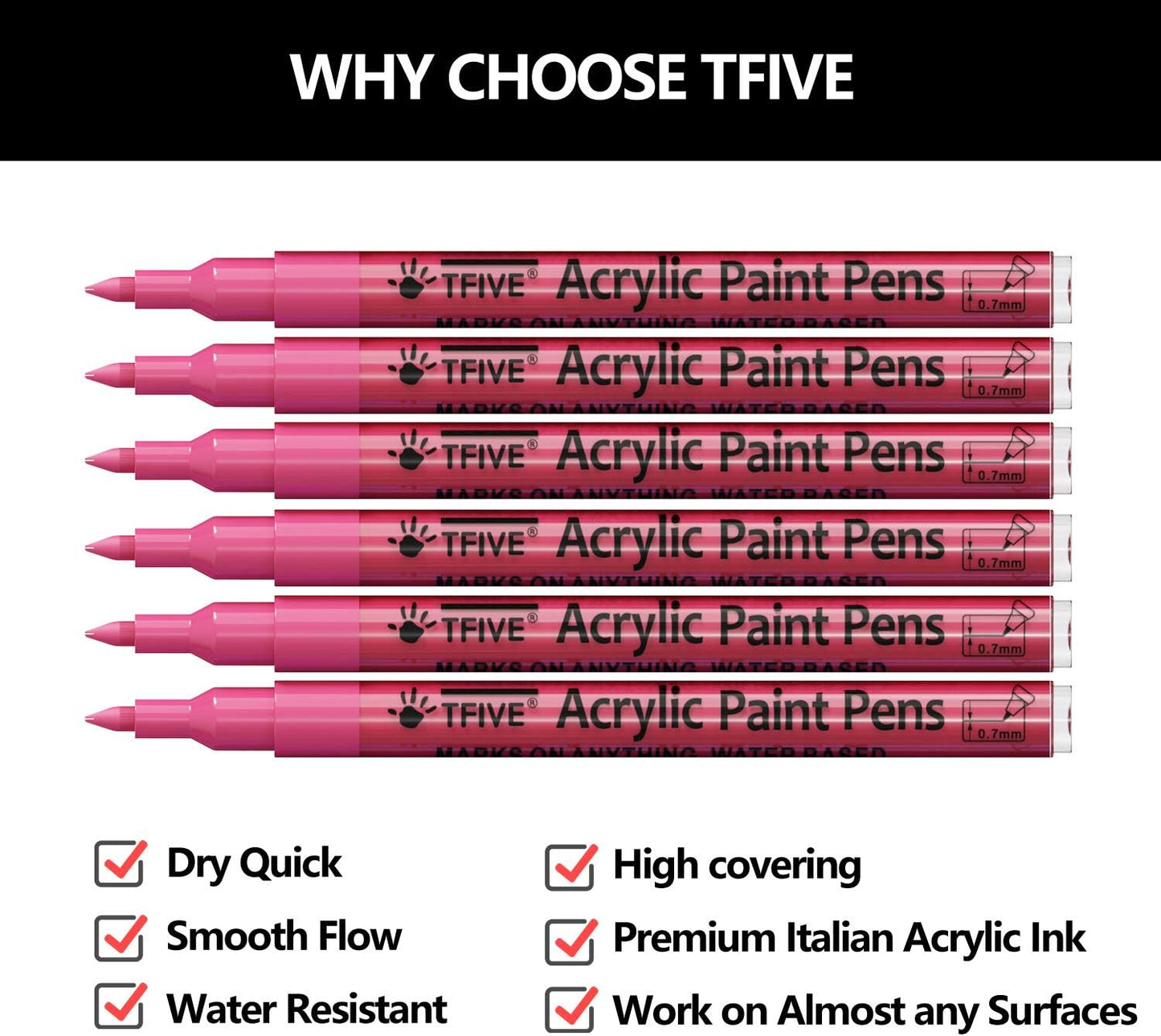 Pink Marker Paint Pens - 6 Pack Acrylic Pink Permanent Marker, 0.7mm Extra Fine Tip Paint Pen for Art Projects, Drawing, Rock Painting, Stone, Ceramic, Glass, Wood, Plastic, Metal, Canvas DIY Crafts