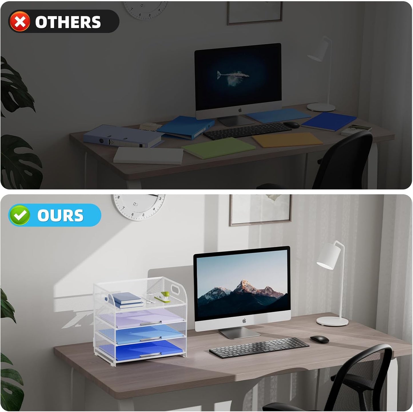 Marbrasse 4 Tier Paper Organizer Letter Tray, Mesh Desk File Organizer with Handle, Paper Sorter Organizer for Letter /A4 Office File Folder Holder（White, 12.6" x 9.1" x 10.7"）