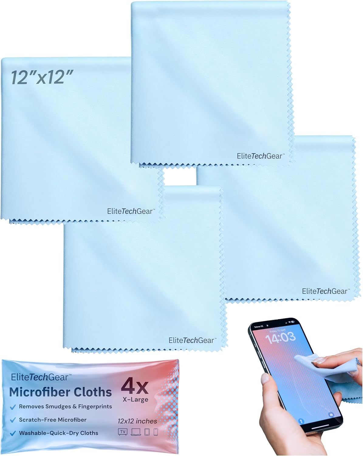 Elite Tech Gear 4-Pack Microfiber Cloth Set - 12"x12" Oversized Washable & Durable Wipes for Glasses, Lenses, Electronics & Screens - Glasses Cleaner Cloth