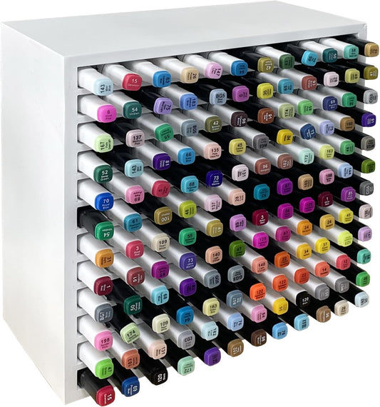 MinBoo Bamboo Art Supply Storage Rack - Wooden Marker Organizer for 144 Markers, Pens, Colored Pencils, Paint Brushes (White)