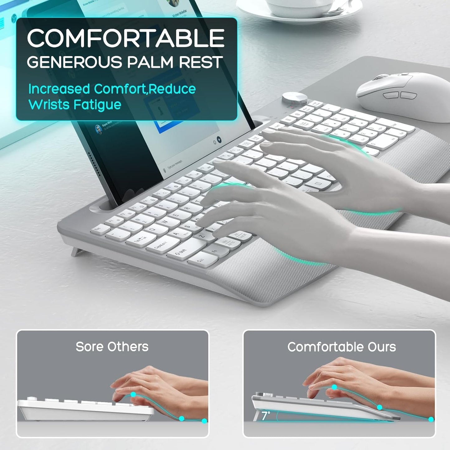 Wireless Keyboard and Mouse - Full-Sized Ergonomic Keyboard with Wrist Rest, Phone Holder, Volume Knob,2.4GHz Silent Cordless Keyboard Mouse Combo for Computer, Laptop, PC, Mac, Windows -White
