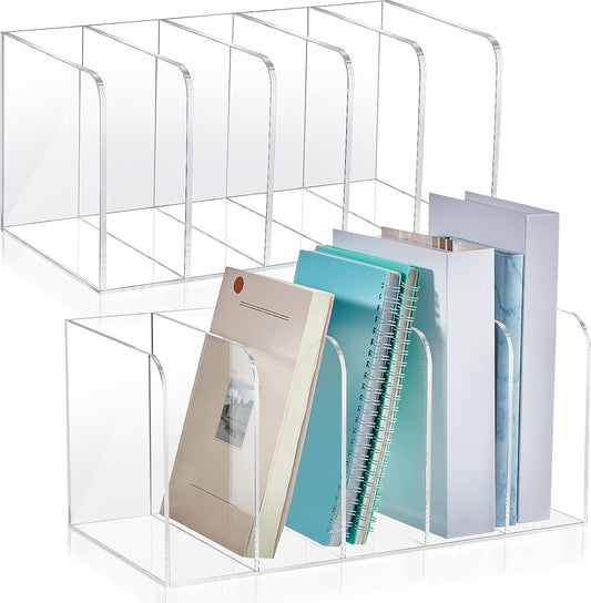 Suzile 2 Sets of Clear Acrylic Magazine Holder with 5 Vertical Compartments Magazine File Holder Acrylic Desk Organizer Book Rack for Desk Sorter Paper Folder Office Accessories Storage Organization