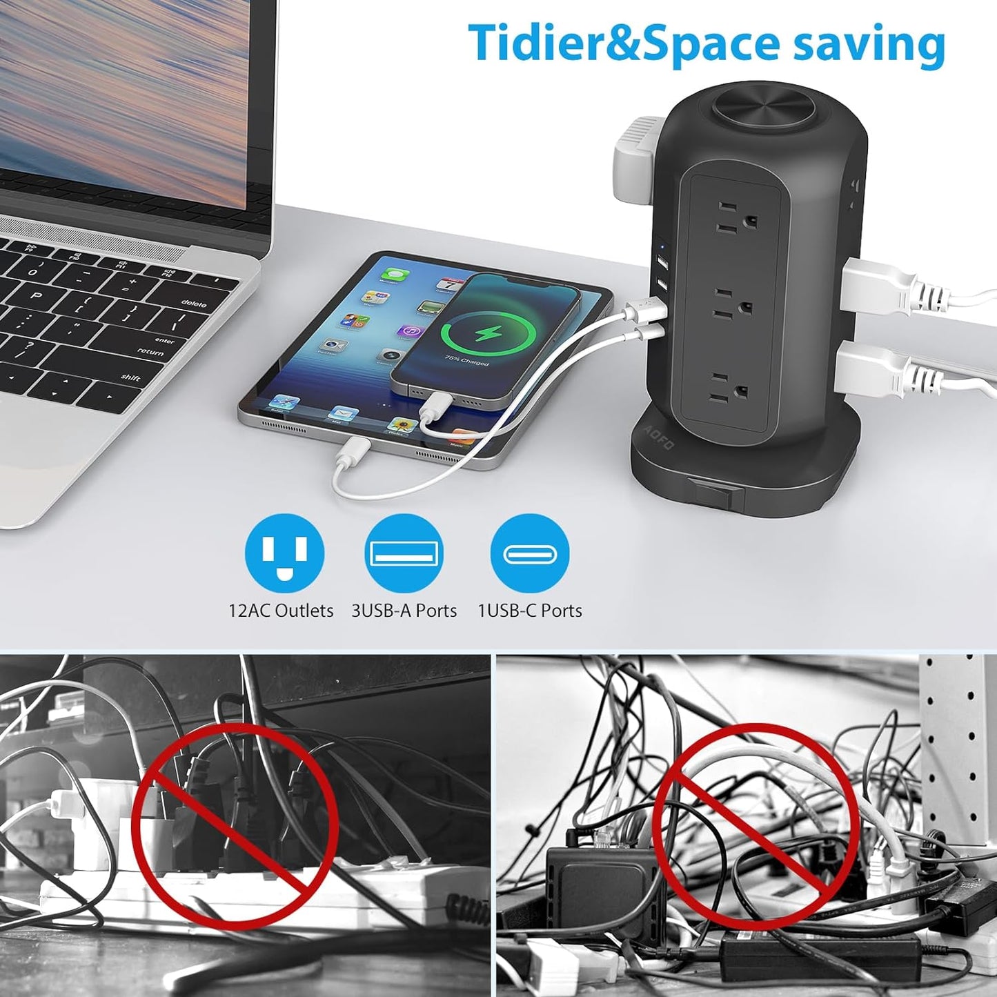 Power Strip Tower AOFO Surge Protector 12 AC Outlets with 4 USB(1 USB C) Ports Charging Station with Overload Protection, Widely Spaced Multiple Outlets with 10Ft Extension Cord for Home,Dorm & Office