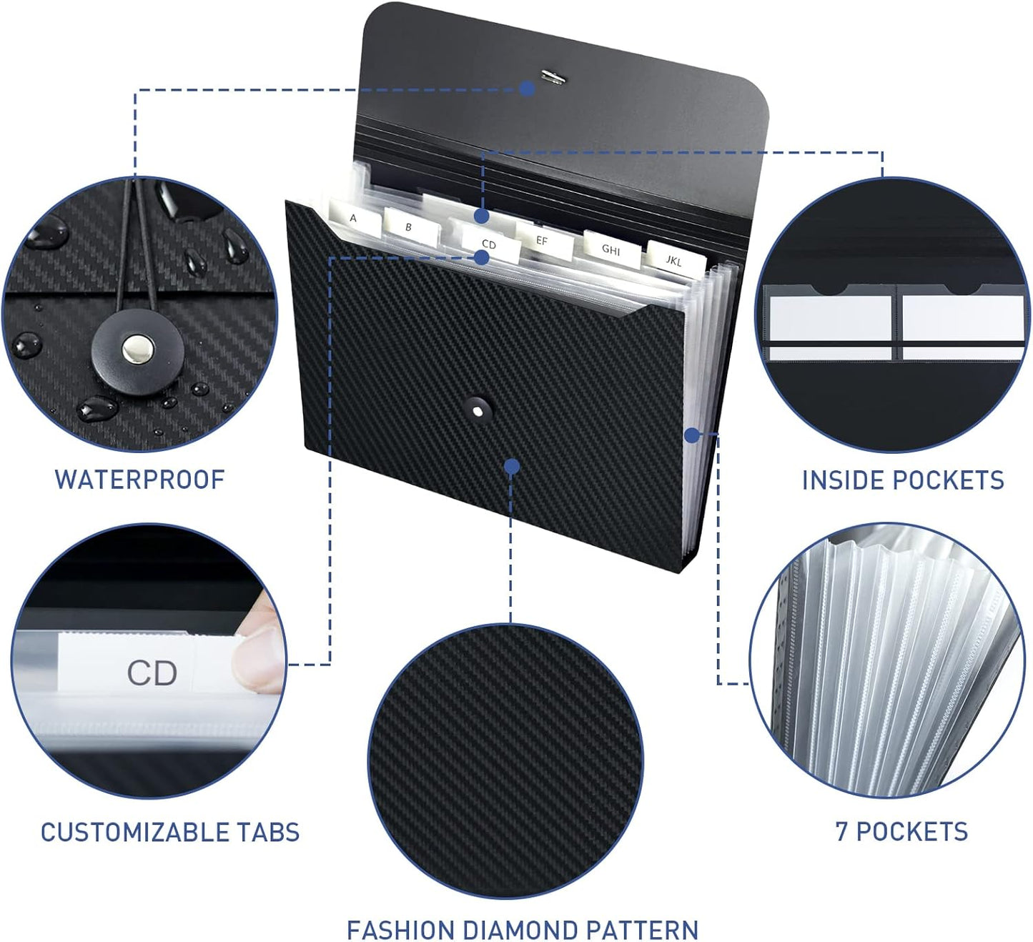 7 Pocket Expanding File Folder with Tab Inserts, Accordian File Organizer Document Receipt Organizer, Accordion Folder File Keeper A4 Letter Size, for School Home Office, Black(Pack of 2)