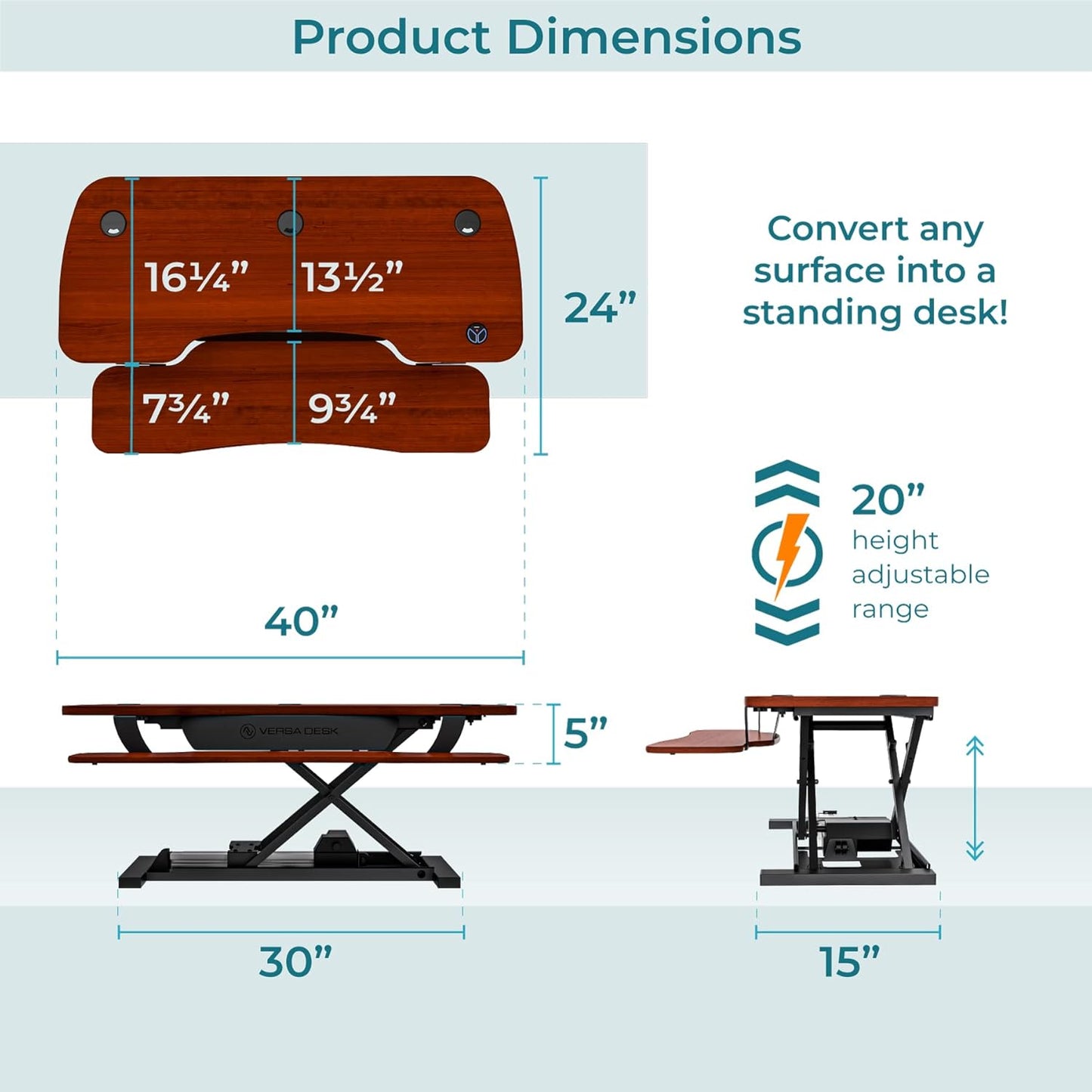 VERSADESK® PowerPro™ 40” x 24” Standing Desk Converter | 7.75” - 23.5” Electric Height Adjustable Sit to Stand Desk Riser w/ Keyboard Tray & USB Hub - Ergonomic Workstation for Home & Office, Cherry