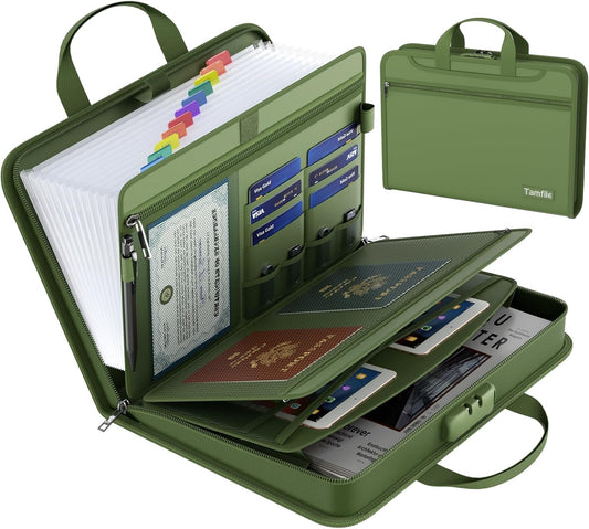5200℉ Fireproof Accordion File Organizer with Lock, Thickened Document Organizer 13 Pocket with Zipper & Labels, Important Document Organizer, Expanding File Folder with Handle for Letter A4 (Green)