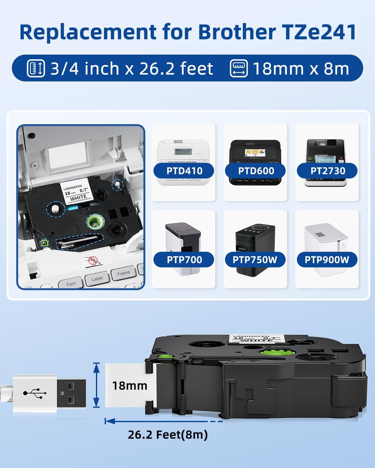 Label KINGDOM TZe-241 18mm Label Maker Tape Compatible with Brother PTouch, TZ Tape 18mm 0.7" Laminated White for Label Maker PT-D410 D400 PT-D600 PT-D610BT, 5 Pack