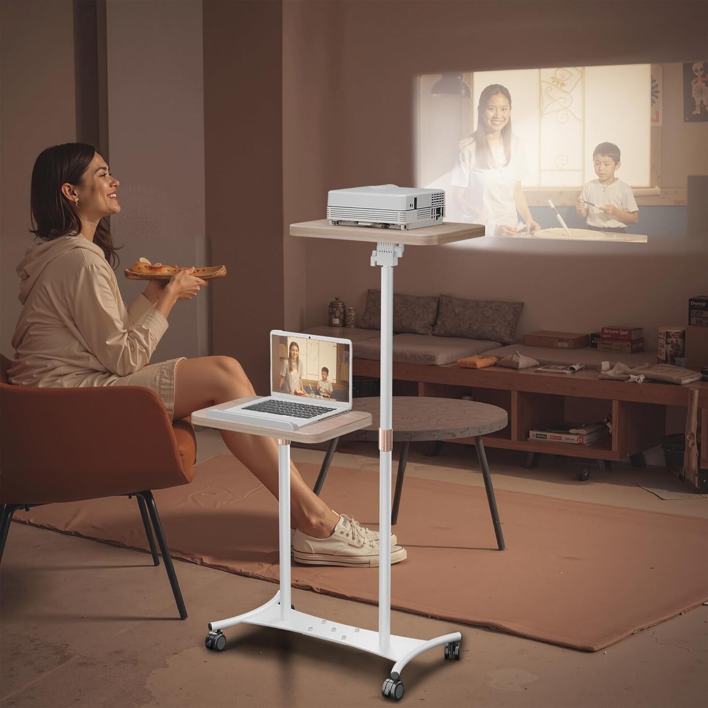 2 Shelves Projector Stand, Mobile Laptop Cart on Wheels Projector Stand Adjustable Height 20 to 53 Inches, Overbed Table with 5 Lockable Casters, Rolling Laptop Floor Stand for Couch (White)
