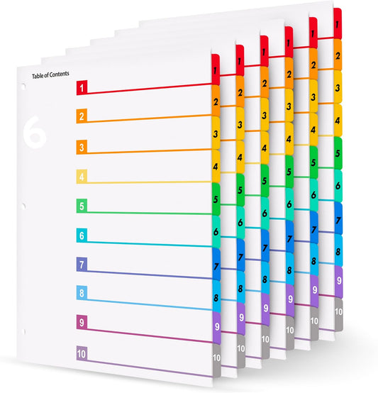 Tab Dividers for 3 Ring Binders – 6 Sets, 1–10 Numbered Index Dividers with Table of Contents – 8.5 x 11 in, 3-Hole Punched – Binder Dividers for School, Office, Filing, Organizing - 6 Pack