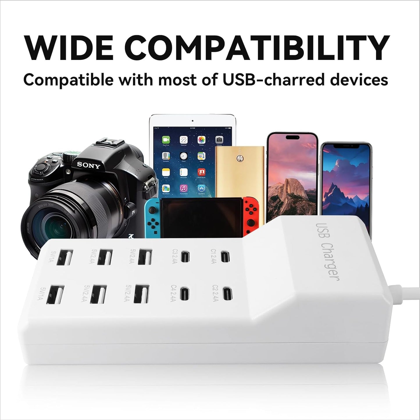 USB Charging Station, 10 Ports Family-Sized USB C Charger Block,USB Power Strip for Smart Phone Tablet Laptop Computer (1 Pcs)