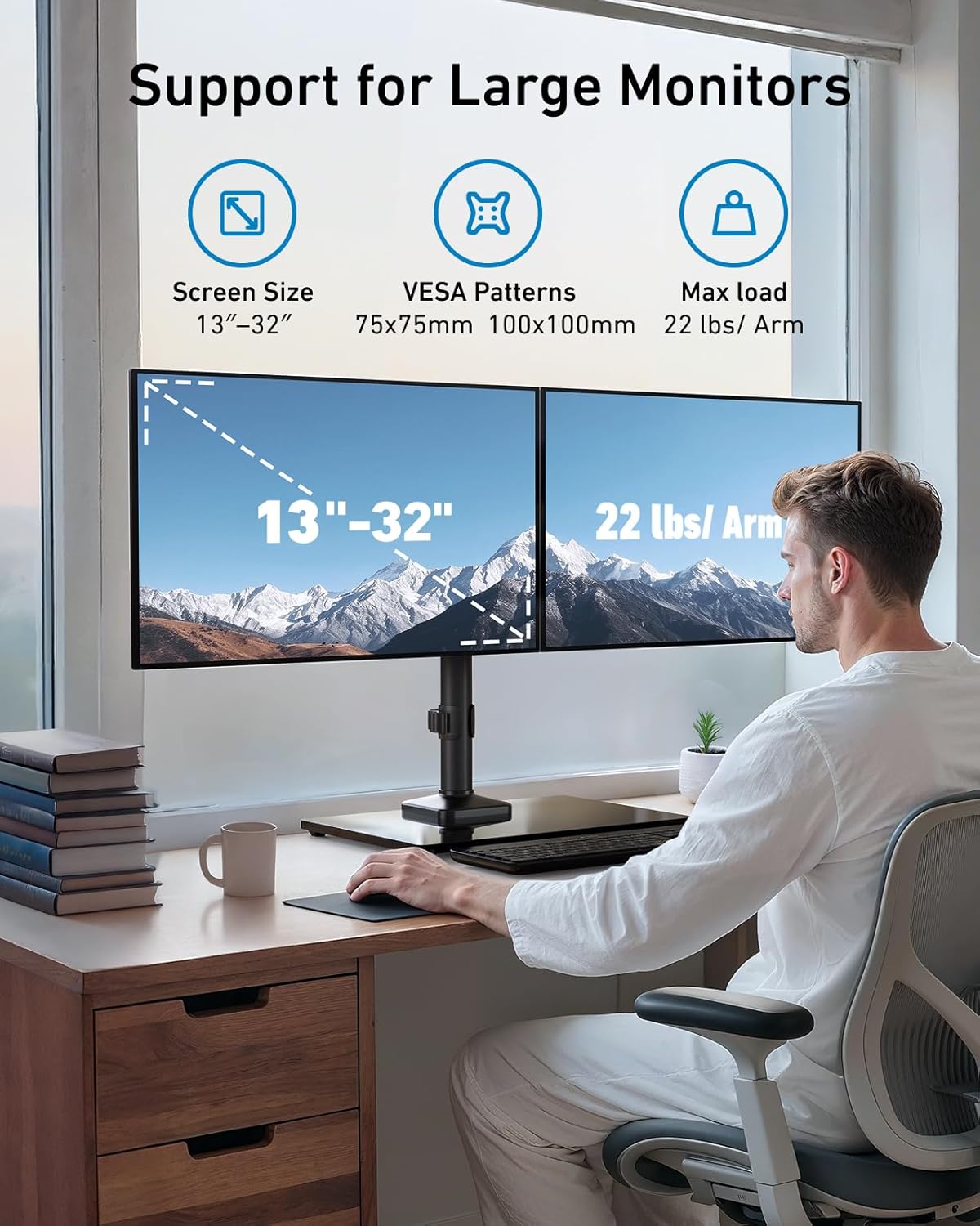 HUANUO Freestanding Dual Monitor Stand, 32 Inch Dual Monitor Mount for 2 Screens, Holds up to 22 lbs per Arm, Monitor Arm Riser with Tempered-Glass Base, Tilt, Swivel, Rotation, Black