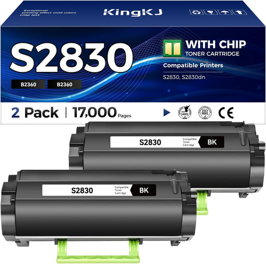 KingKJ S2830 High Yield Black Toner Cartridge 2-Pack Replacement for Dell GGCTW Toner Cartridges Remanufactured Compatible with Dell S2830 S2830dn Laser Printer Ink All-in-One Copier（8,500 Pages）