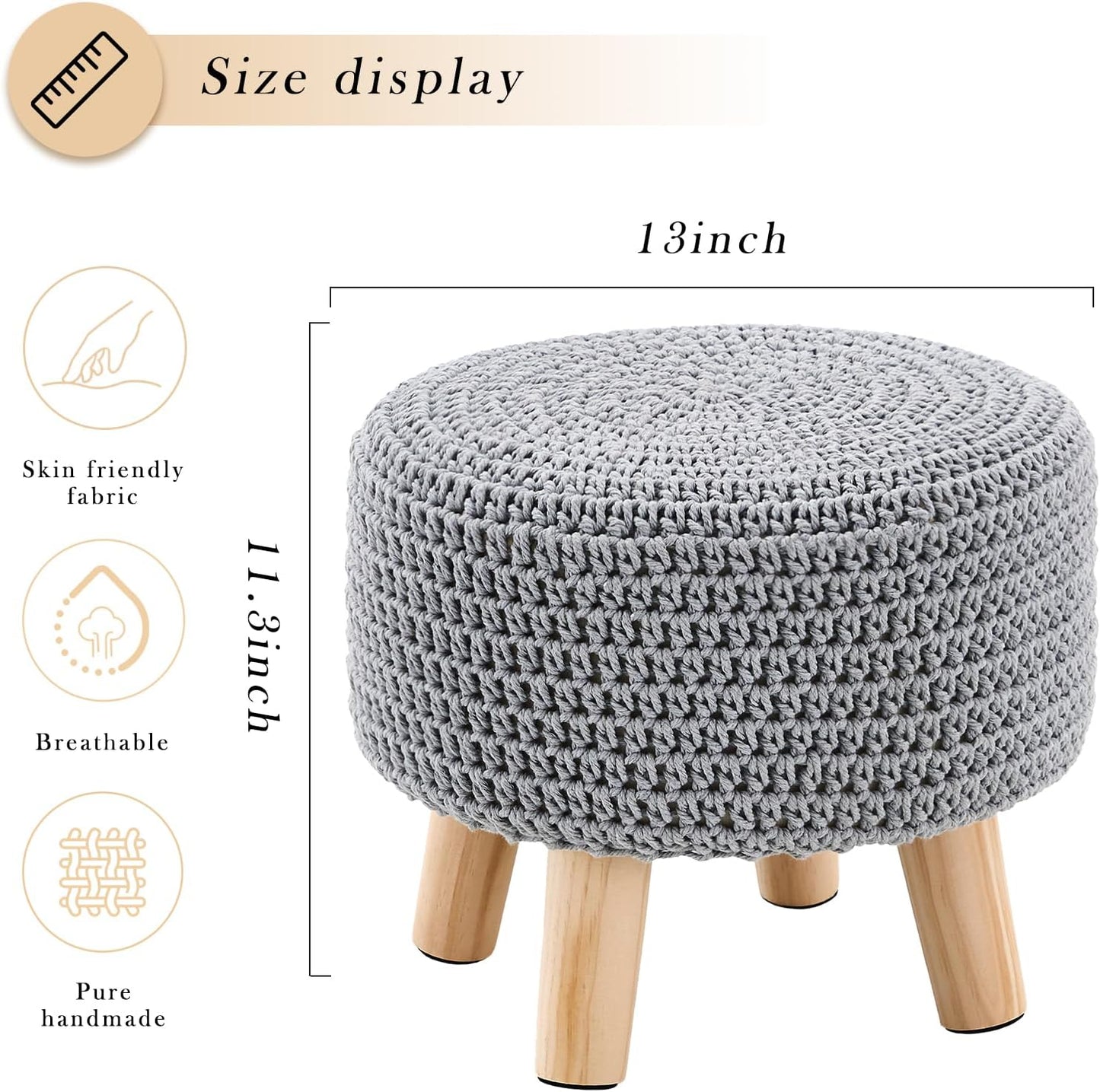 Boho Ottoman Foot Stool Cotton Knitted Round Pouf Ottoman Foot Rest Stool with Non-Skid Wooden Legs Step Stool Padded Seat for Living Room Gray