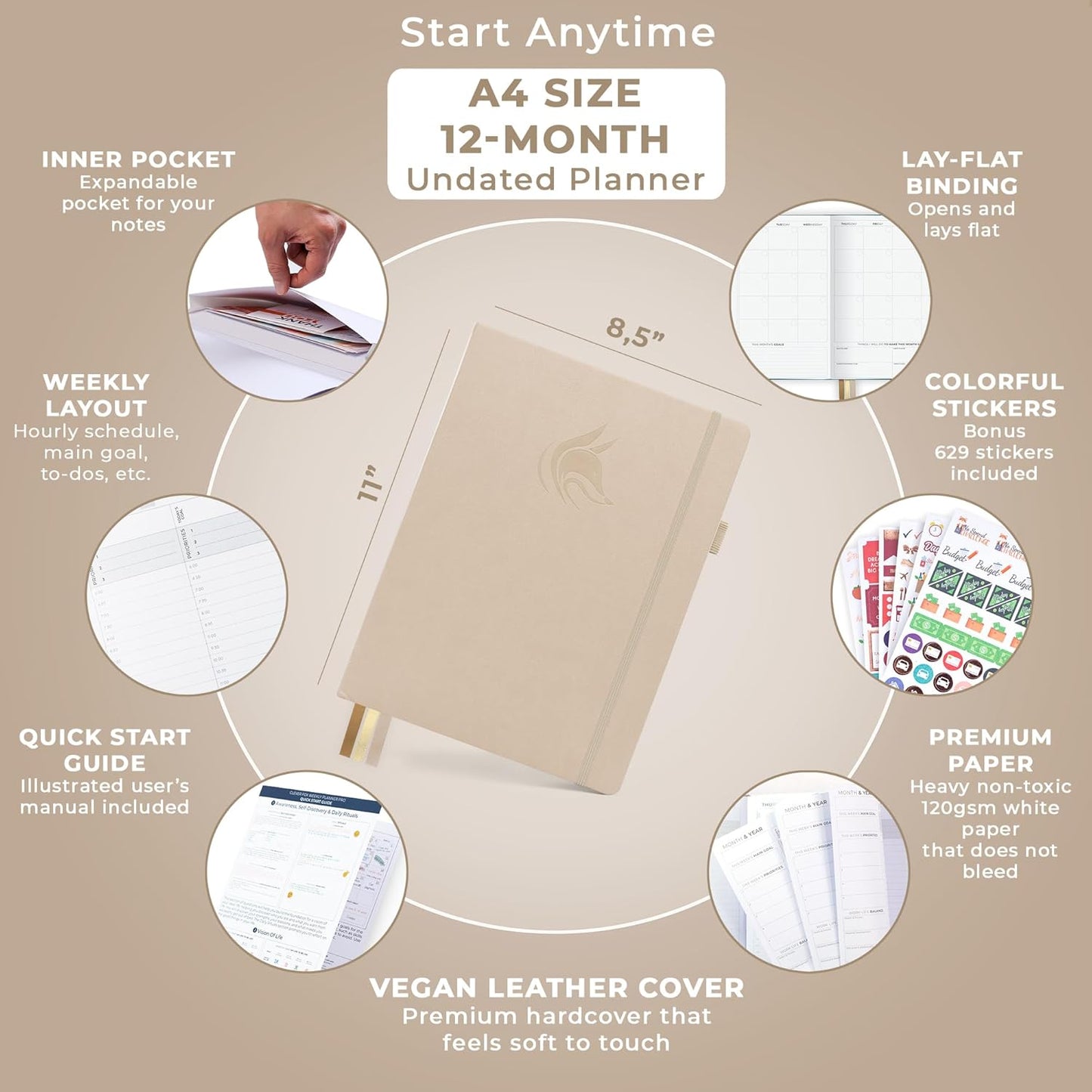 Clever Fox Planner PRO Schedule – Undated Weekly & Monthly Life Planner with Time Slots, Appointment Book & Daily Organizer, A4 (Seashell)