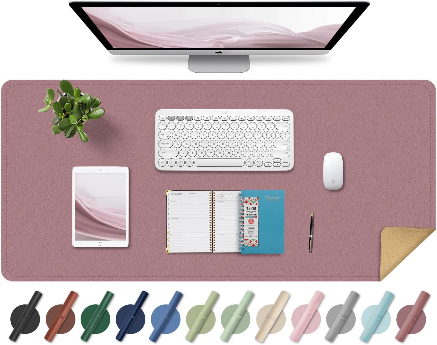 Non Slip Desk Mat, 31.5" x 15.7" PU Leather Desk Pad, Cork Desk Mat for Desktop, Desk Pad for Keyboard and Mouse, Ideal for Office and Home, Purple Pink