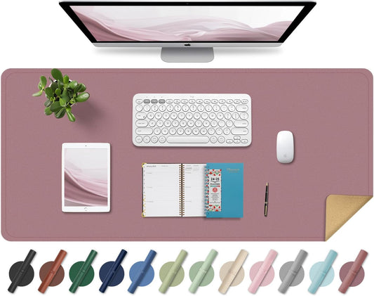Non Slip Desk Mat, 31.5" x 15.7" PU Leather Desk Pad, Cork Desk Mat for Desktop, Desk Pad for Keyboard and Mouse, Ideal for Office and Home, Purple Pink