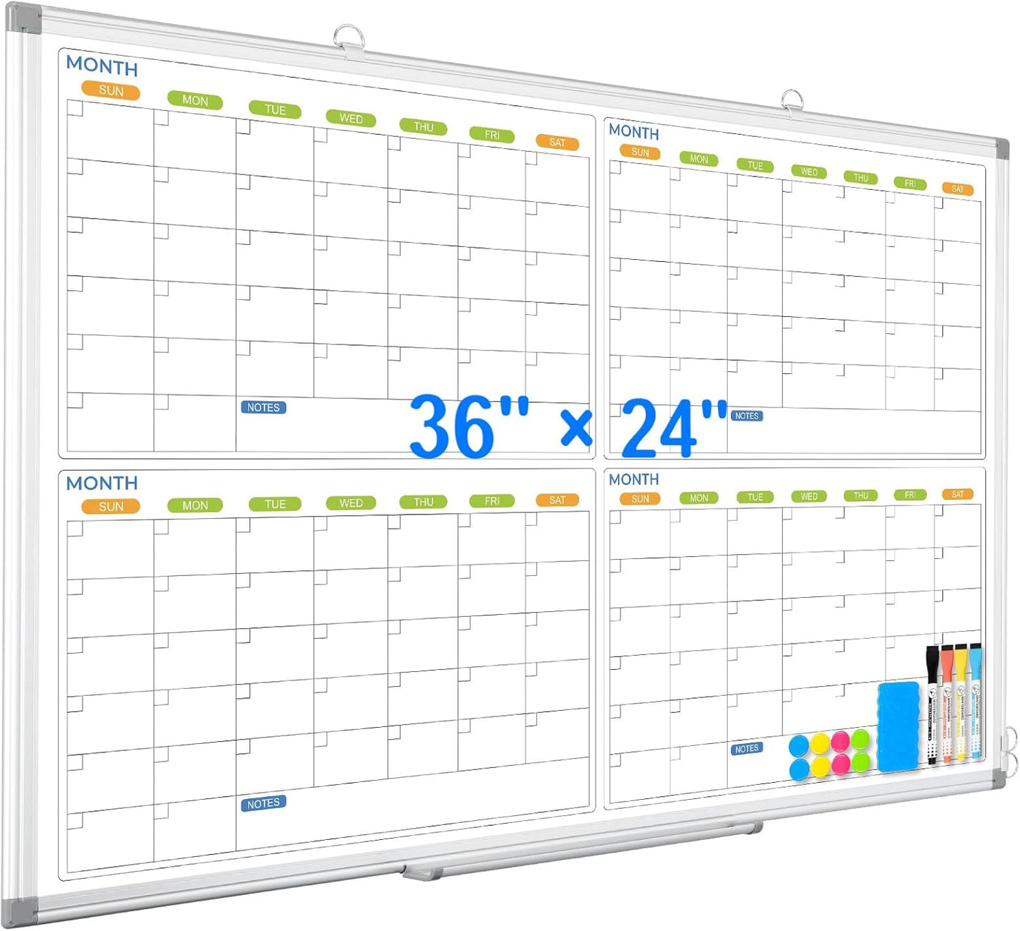 Dry Erase Calendar Whiteboard for Wall, 36" x 24" Magnetic Planner, Silver Aluminum Frame 4 Month Board for Office Home and School