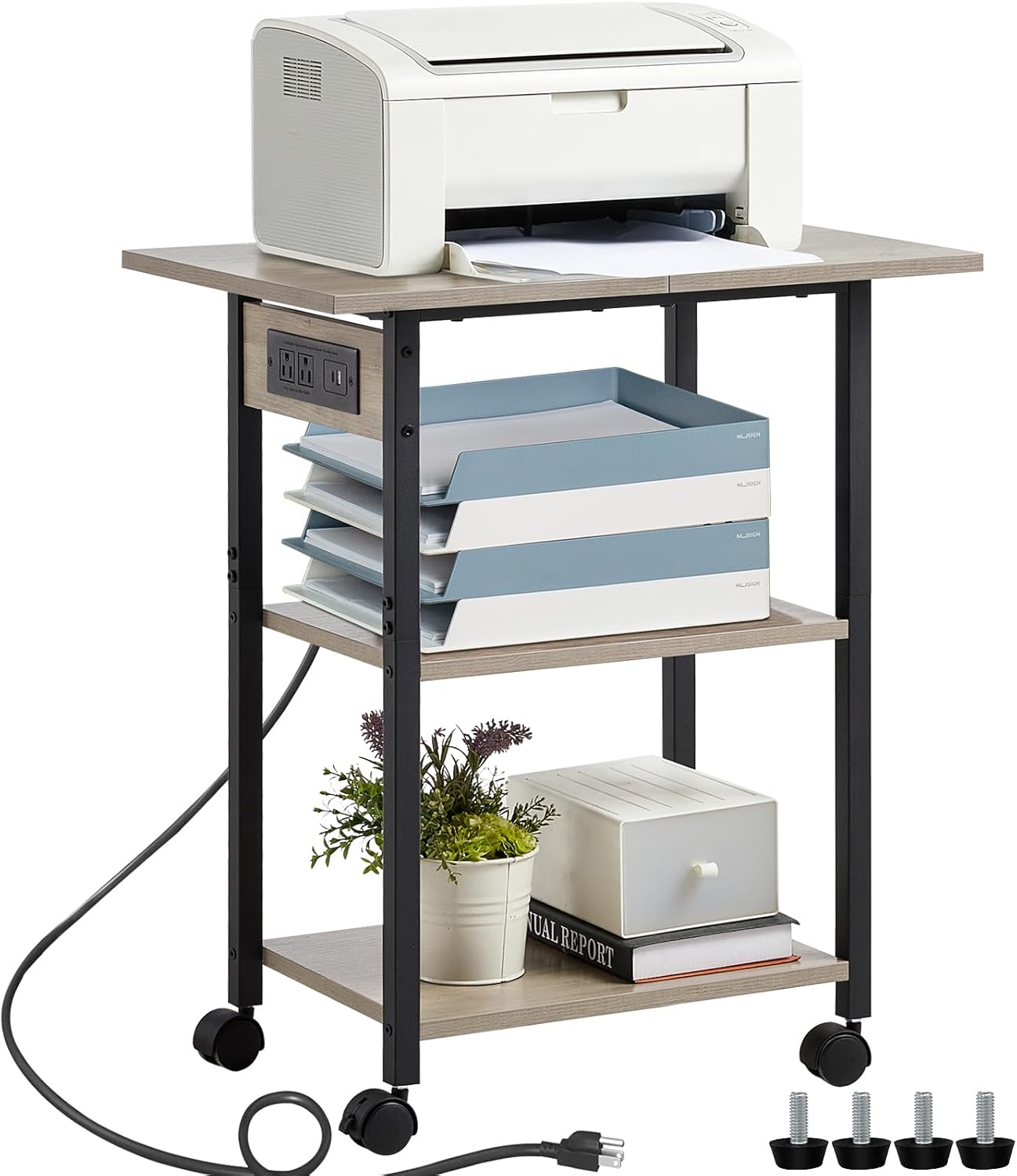 Lerliuo 3-Tier Printer Stand with Charging Station, Industrial Mobile Printer Table with Storage Shelf and Steel Frame, Rolling Printer Cart Holder with Lockable Wheels for Home, Office (Oak)