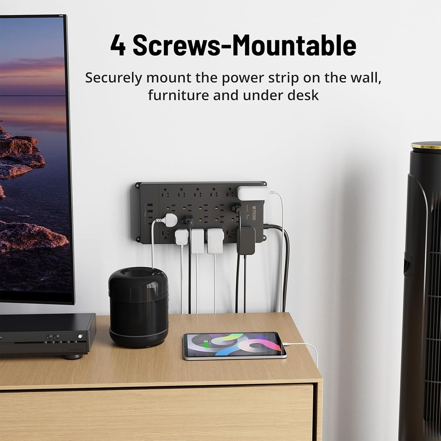 TROND Surge Protector Power Strip, 5ft Flat Plug Extension Cord with Multiple Outlets, 22 Widely Spaced AC with USB Ports, 4000 Joules, Heavy Duty, Wall Mount, Under Desk, ETL Listed, Black