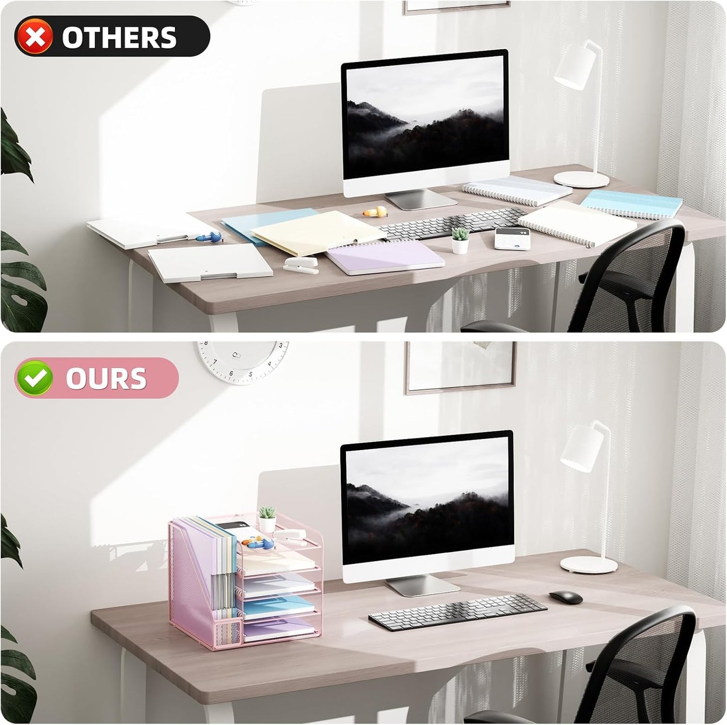 Marbrasse Desk Organizers and Accessories, 5-Tier Paper Letter Tray Organizer with File Holder, Mesh File Organizer, Office Desk Accessories & Organization for Supplies (Pink)