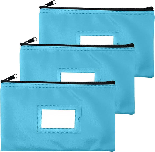 Money Bank Deposit Bag with Zipper | 11x6 inch | Light Blue | Durable Leatherette Money Cash Coin Check Wallet Pouch for Men & Women with Framed ID Window and Blank Card | by GIDABRAND (3)